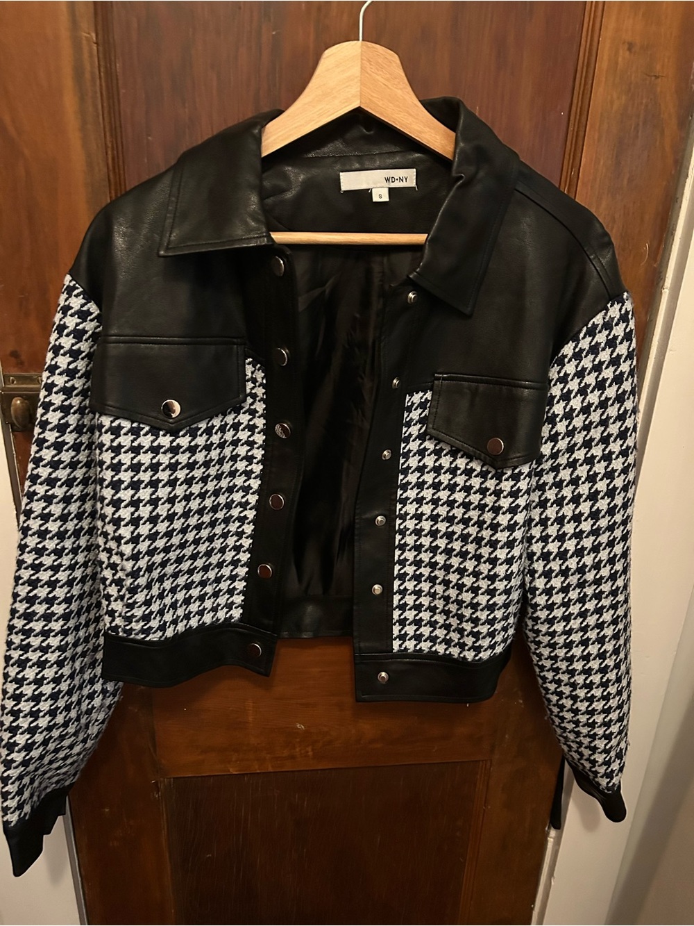 Woven Houndstooth & Black Faux Leather Jacket